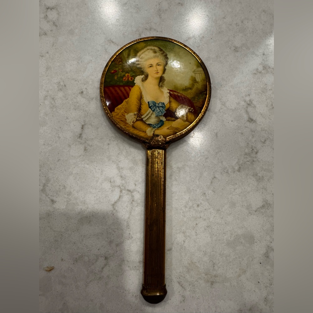 RARE Antique Hand Held Brass Magnifying Mirror-Victorian Lady Portrait